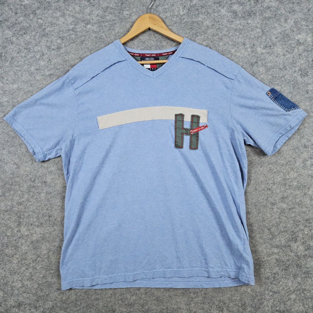 Tommy Jeans T-Shirt Size XL Heathered Blue Patches Pocket‎ On Sleeve 100% Cotton